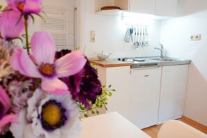 A compact kitchen with a sink, stove, and a dish rack. - Lotte Vacation Rental for up to 4 People (Non-Smoking) (Niendorf/ostsee)
