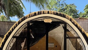 A dome-shaped structure with a bed inside, a nameplate reading 'Caterpillar,' and a view of the outside.