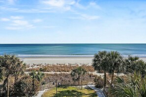 A beach view with a clear sky, a sandy beach, and a fenced area with vegetation. - 1 BR Oceanfront Pet Friendly Fall Upgrades! (Myrtle Beach)