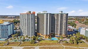 A high-rise hotel with multiple balconies, a swimming pool, and a landscaped area with palm trees. - 1 BR Oceanfront Pet Friendly Fall Upgrades! (Myrtle Beach)