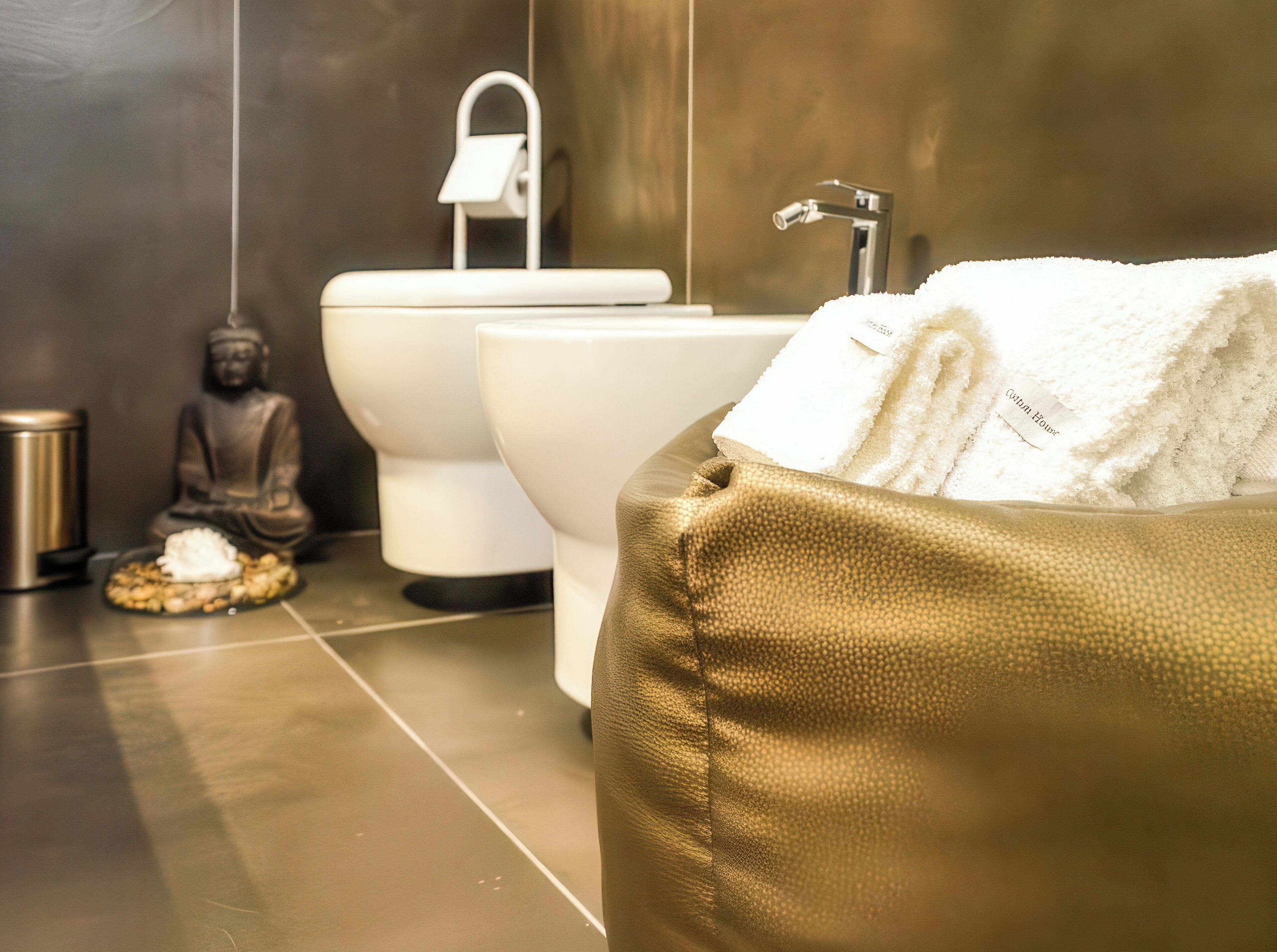 Un baño moderno con una bañera dorada, un inodoro y un bidé.