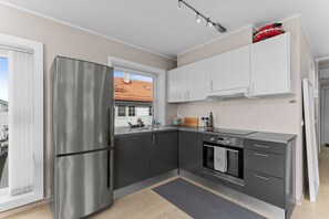 Una cucina moderna con frigorifero in acciaio inossidabile, forno a incasso e una finestra vista su un edificio con tetti rossi.