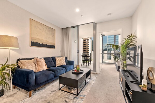 Living area - Newstead Balcony Hideaway | Rooftop Pool | Walk to James St & the Valley (Newstead)