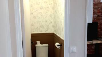 Dusche, Haartrockner, Handtücher, Toilettenpapier