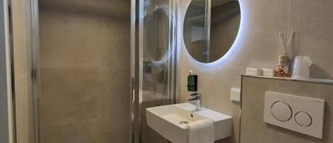 A modern bathroom with a glass shower enclosure, a white sink, and a toilet.