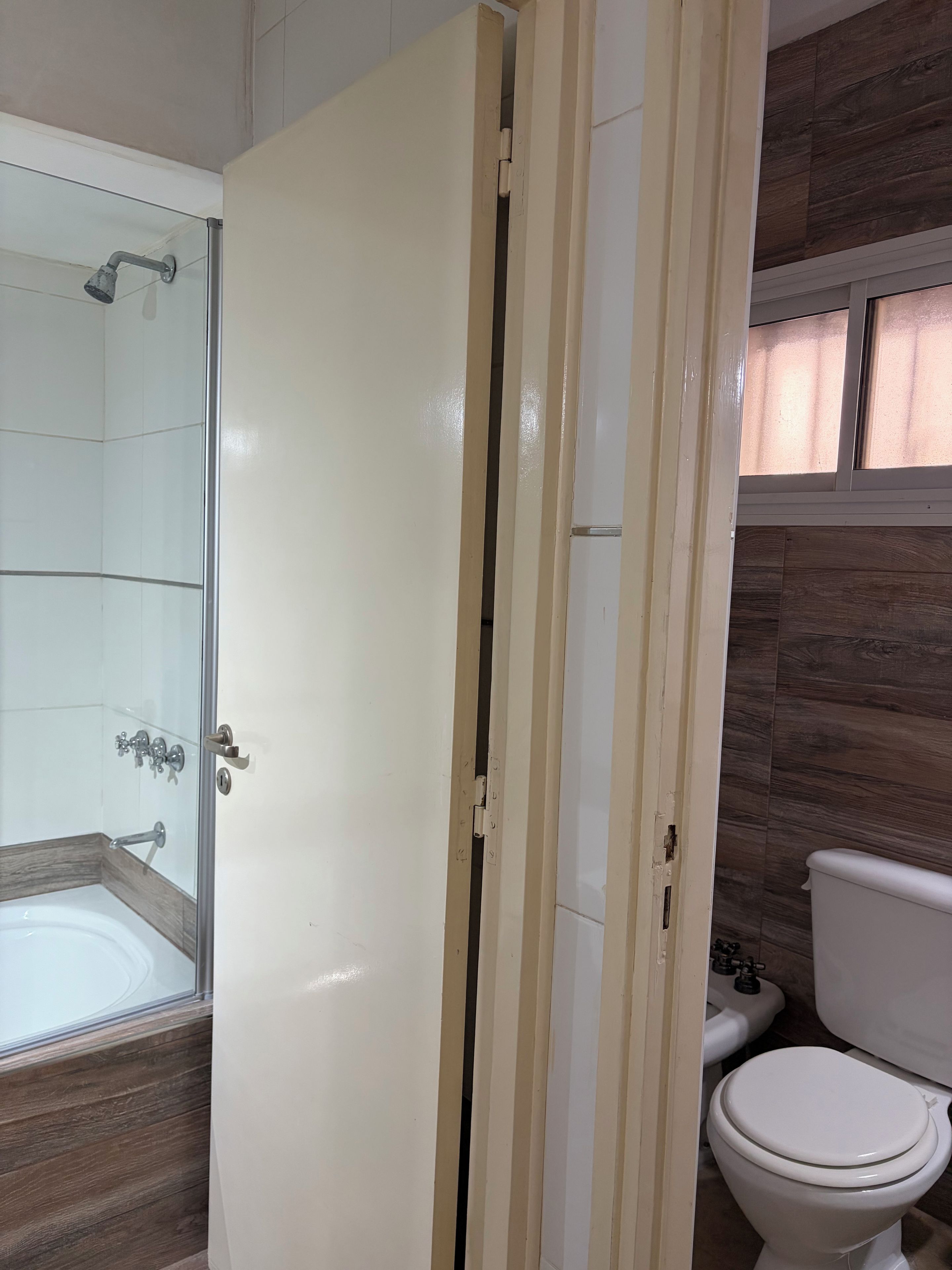 A bathroom with a shower, toilet, and a door leading to another room.