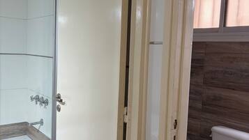 A bathroom with a shower, toilet, and a door leading to another room.