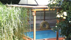 Une piscine dotée d’un parasol, entourée d’herbes hautes et d’un rosier.