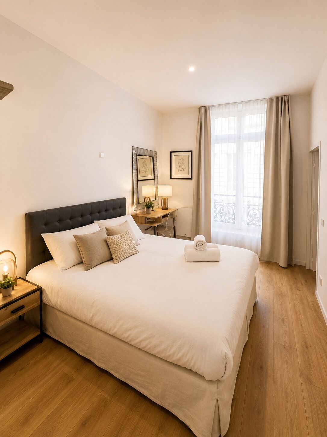 Ein Hotelzimmer mit einem großen Bett, Nachttisch, Lampe, Schreibtisch, Stuhl und einem fenster mit Vorhängen.
