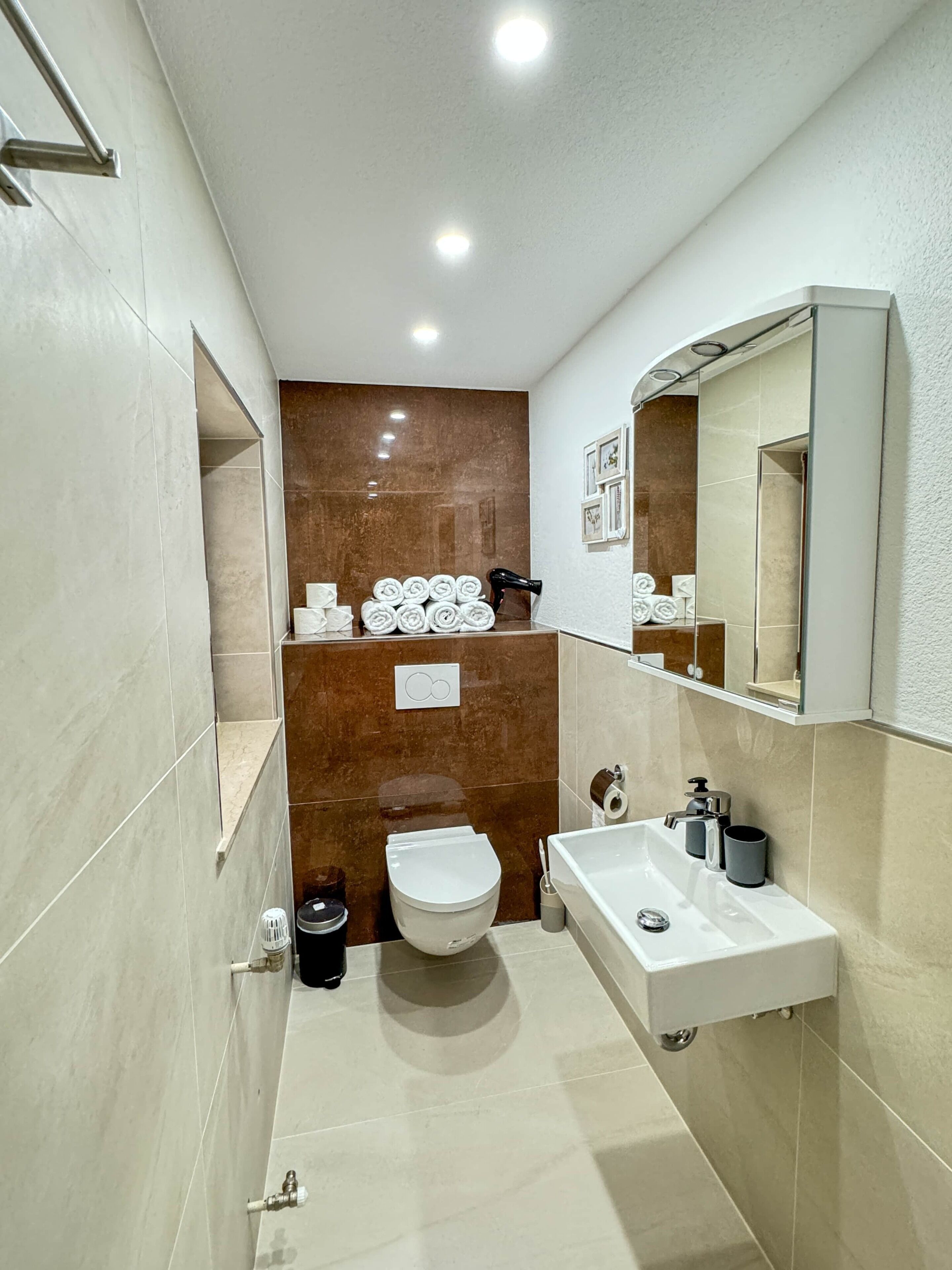 Une salle de bain équipée de toilettes, d’un lavabo et d’un porte-serviettes.