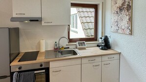 A compact kitchen with a built-in oven, a stainless steel sink, and a window with a view of the outside. - Central Rust Vacation Rental | 5-minute walk to Europapark (Rust)