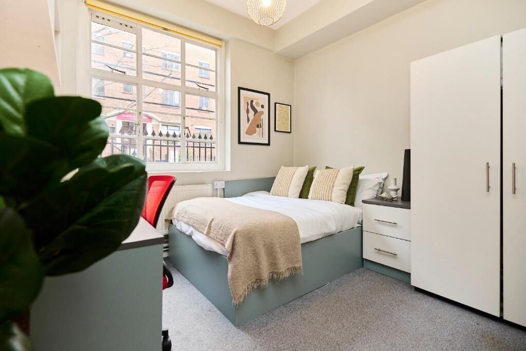 A bedroom with a bed, a window, a plant, and a wardrobe.