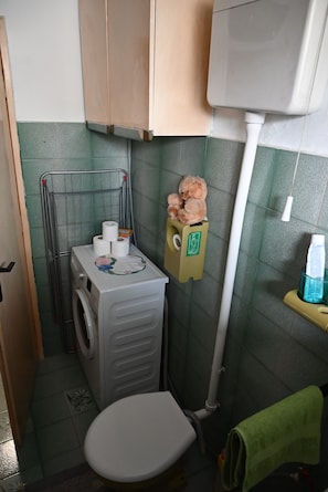 Chuveiro, secador de cabelo, toalhas de banho, sabonete