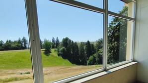 Ein Zimmer mit einem großen Fenster mit Blick auf eine Wiese und Bäume.