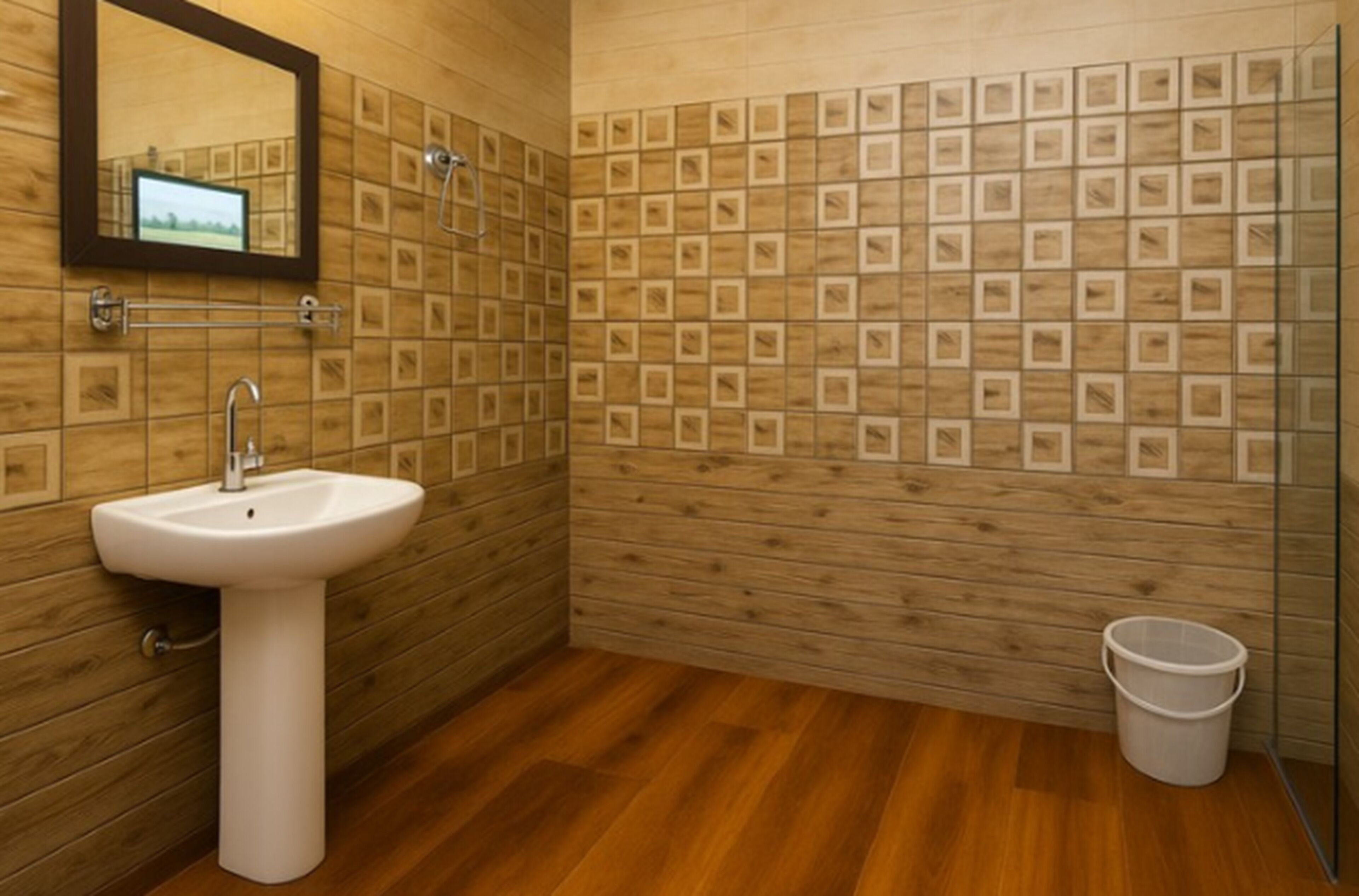 Un baño con piso de madera, un lavamanos blanco, un espejo y una pared con azulejos.
