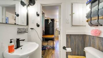 Baño con lavamanos, espejo e inodoro.
