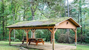 Et trætaggedækket pavillon med et picnicbord, omgivet af skov.
