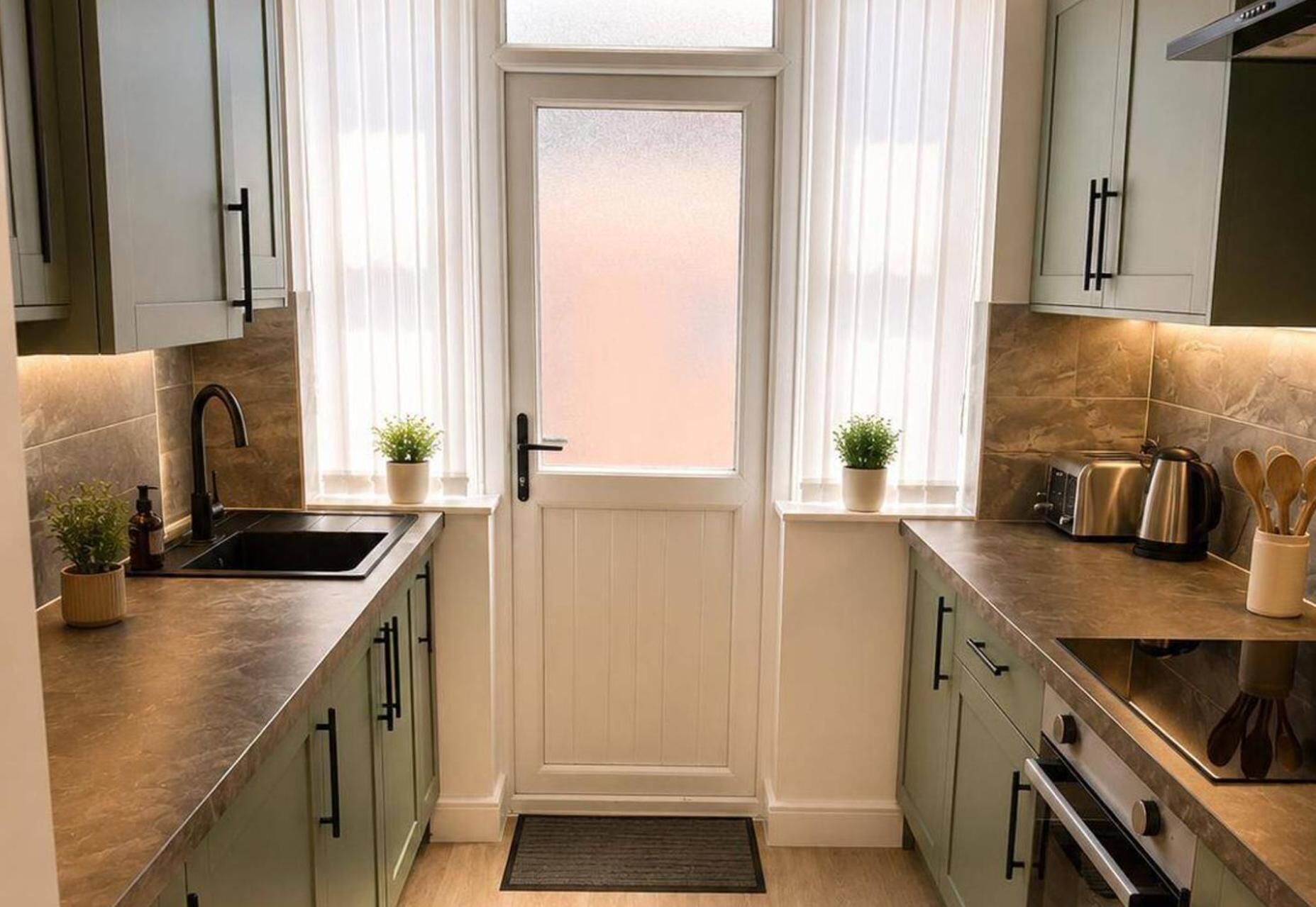 A kitchen with a white door, two windows with sheer curtains, a sink, a toaster, a kettle, and a stove.