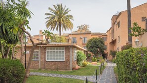 Un patio con una palmera, un edificio de ladrillo y un camino de piedra.