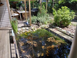 Um deck de madeira com um lago de carpas, cercado por vegetação e uma área de churrasco.