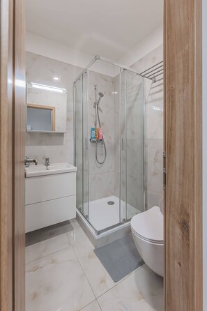 Ein modernes Badezimmer mit einer Duschkabine, einem weißen Waschbecken und einer Toilette.