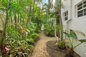 A narrow brick pathway flanked by lush tropical plants leading to a white building with windows. - Palm View 4 - Cozy 2 bedroom apartment in Barbados (Bridgetown)