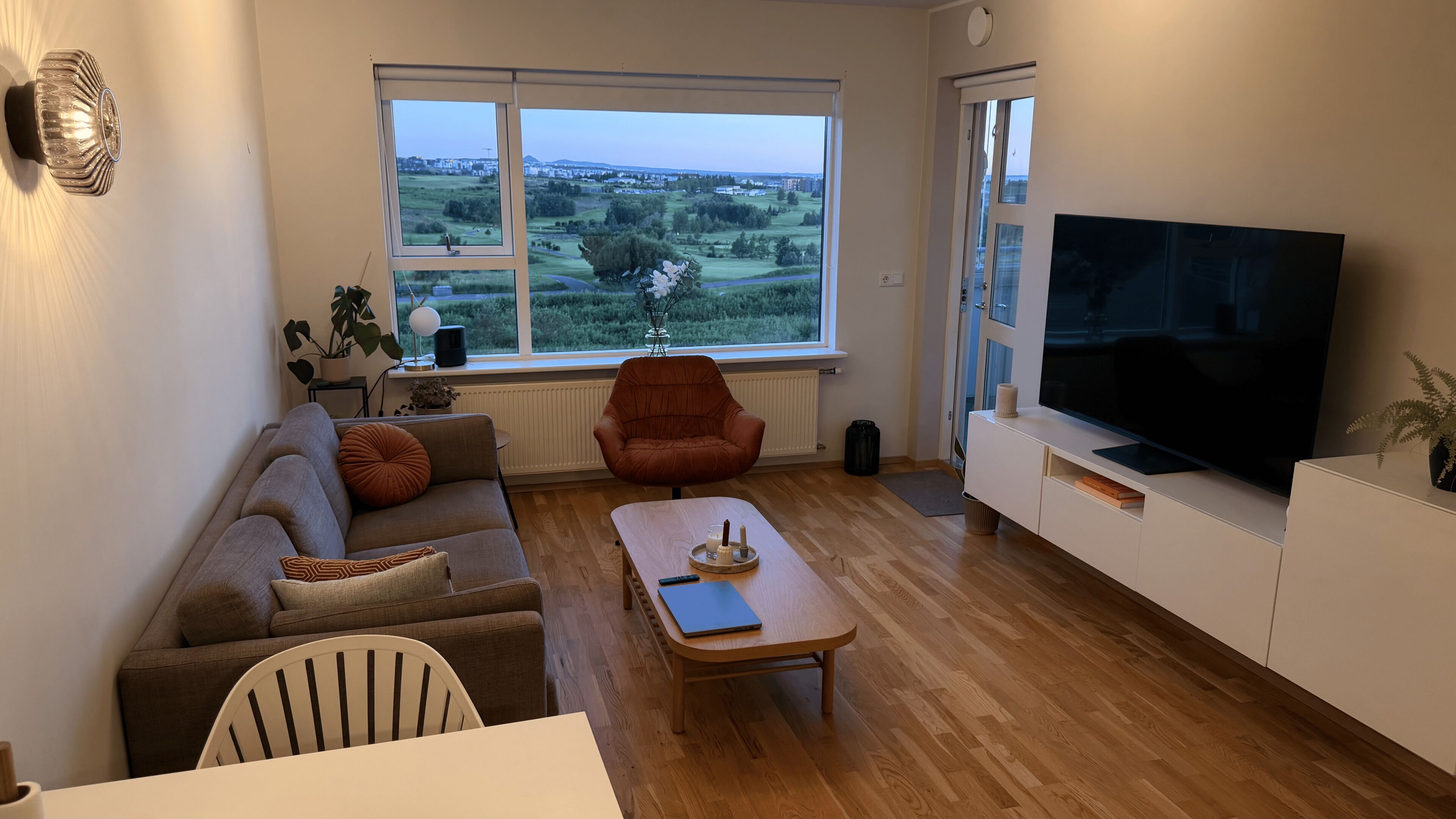 Een woonkamer met een bank, een salontafel, een televisie en een raam met uitzicht op een groen landschap.