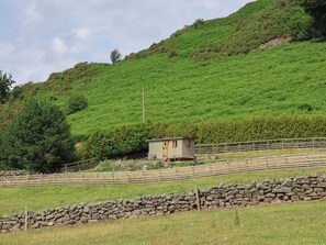 Eine ländliche Landschaft mit einer kleinen Holzhütte, Steinmauern und einem eingezäunten Bereich.