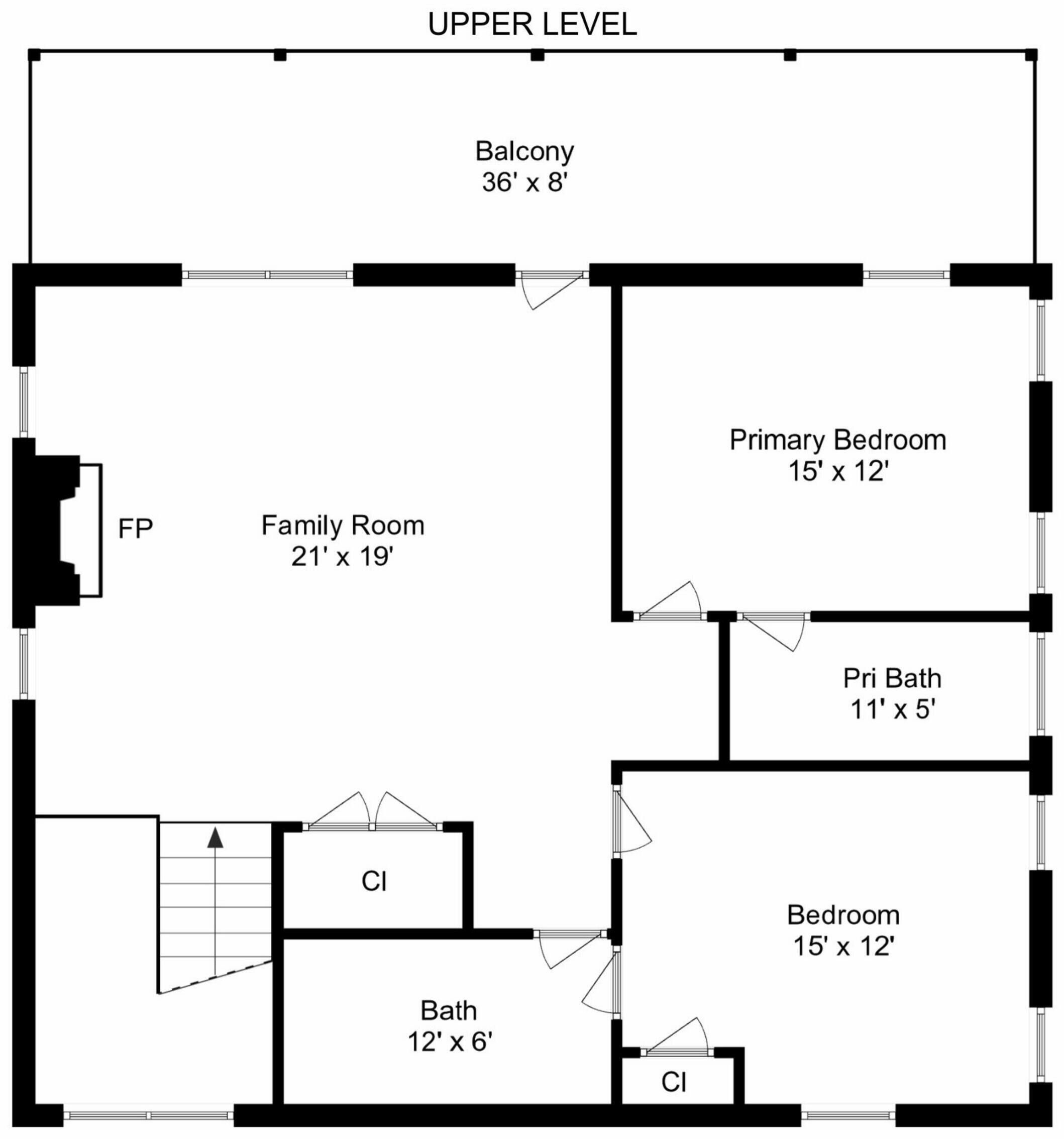A floor plan with a balcony, family room, primary bedroom, secondary bedroom, and a bathroom.