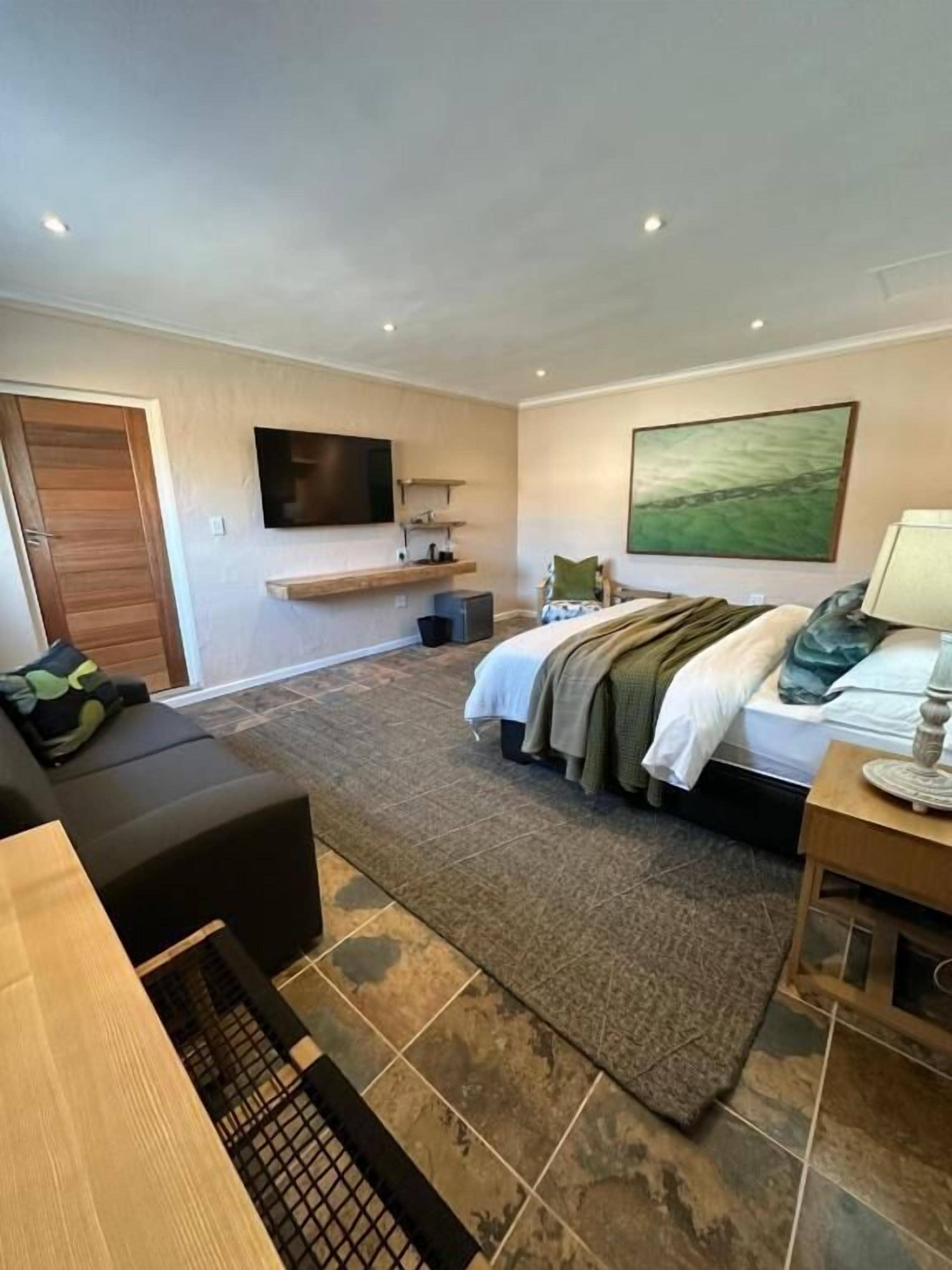 Un dormitorio con cama, televisor, cuadro, escritorio y silla.