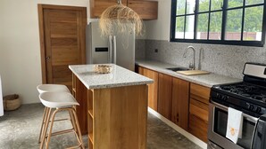 A modern kitchen with a granite countertop, wooden cabinets, a stainless steel refrigerator, a gas stove, and a window with a view of greenery.