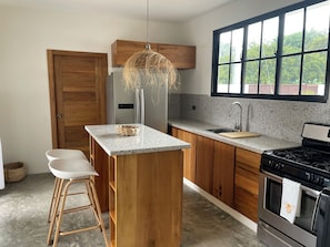 Coffee/tea maker, fridge, oven, stovetop