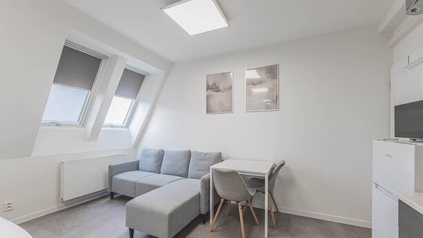 Um quarto moderno e bem iluminado, com teto estilo loft, um sofá cinza, uma pequena mesa de jantar com uma cadeira e um armário branco.