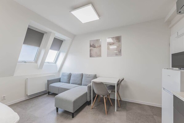 Living area - Zizkov flat/skyline views/AC/Kitchen, new bathroom (Prague)