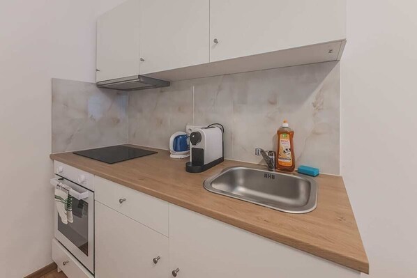 Coffee/tea maker, fridge, microwave, oven - Walk to Old Town Flat, Kitchen, new bathroom (Praha 1)
