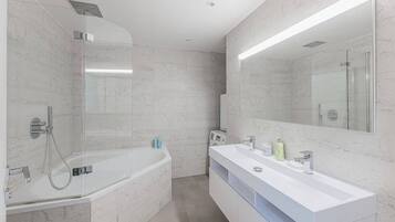 Shower, hair dryer, shampoo