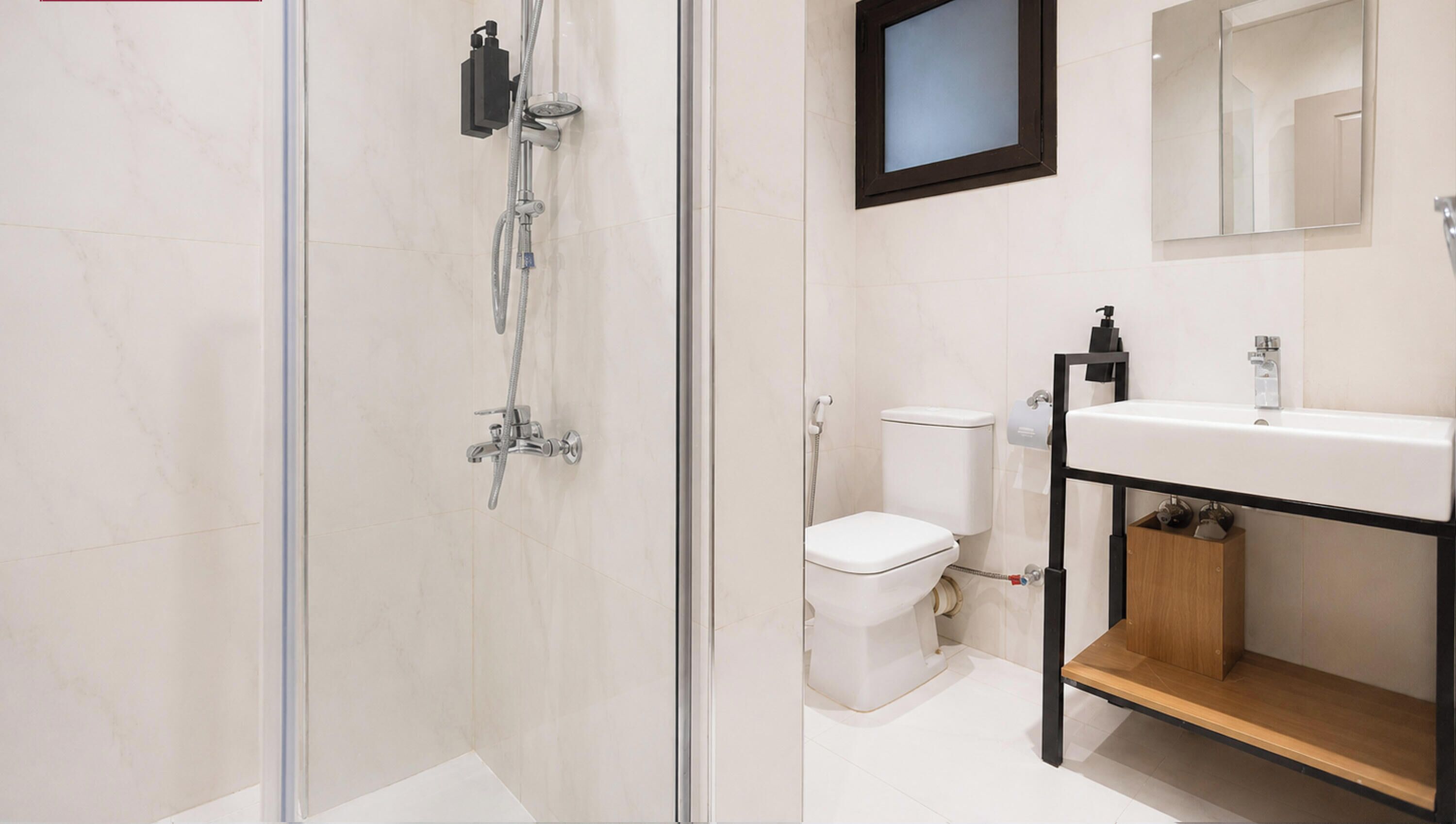 Un baño moderno con ducha envuelta en vidrio, un inodoro y un lavamanos con espejo superior.