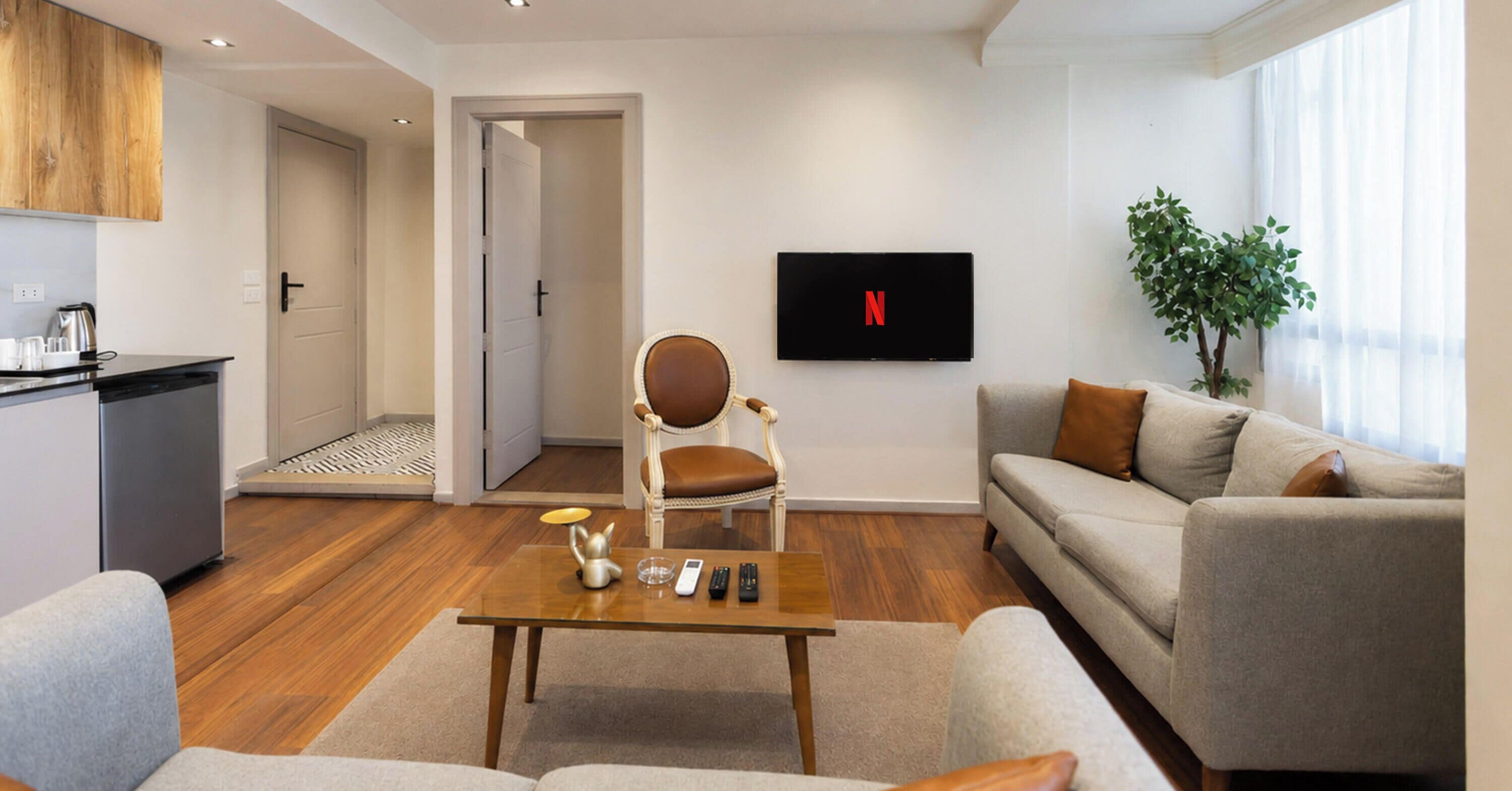 Una sala moderna con un sofá, una mesa de centro, un televisor y una planta.