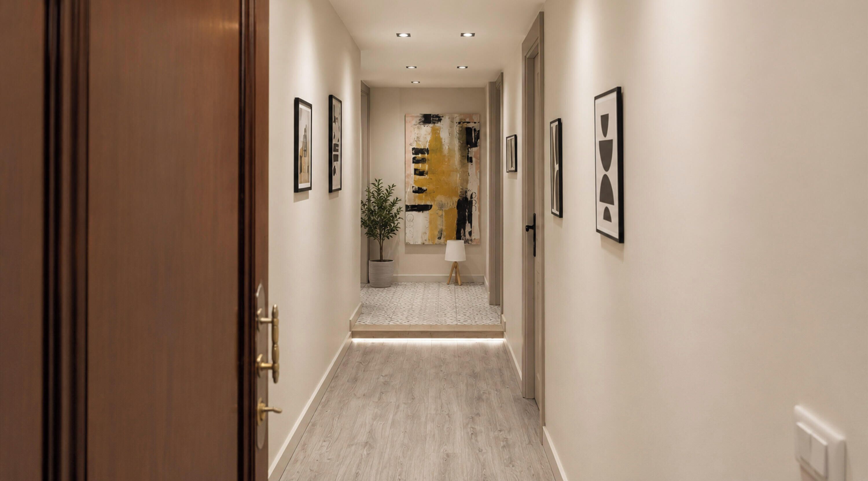 A hallway with a wooden door, framed pictures on the walls, a potted plant, and a lamp.