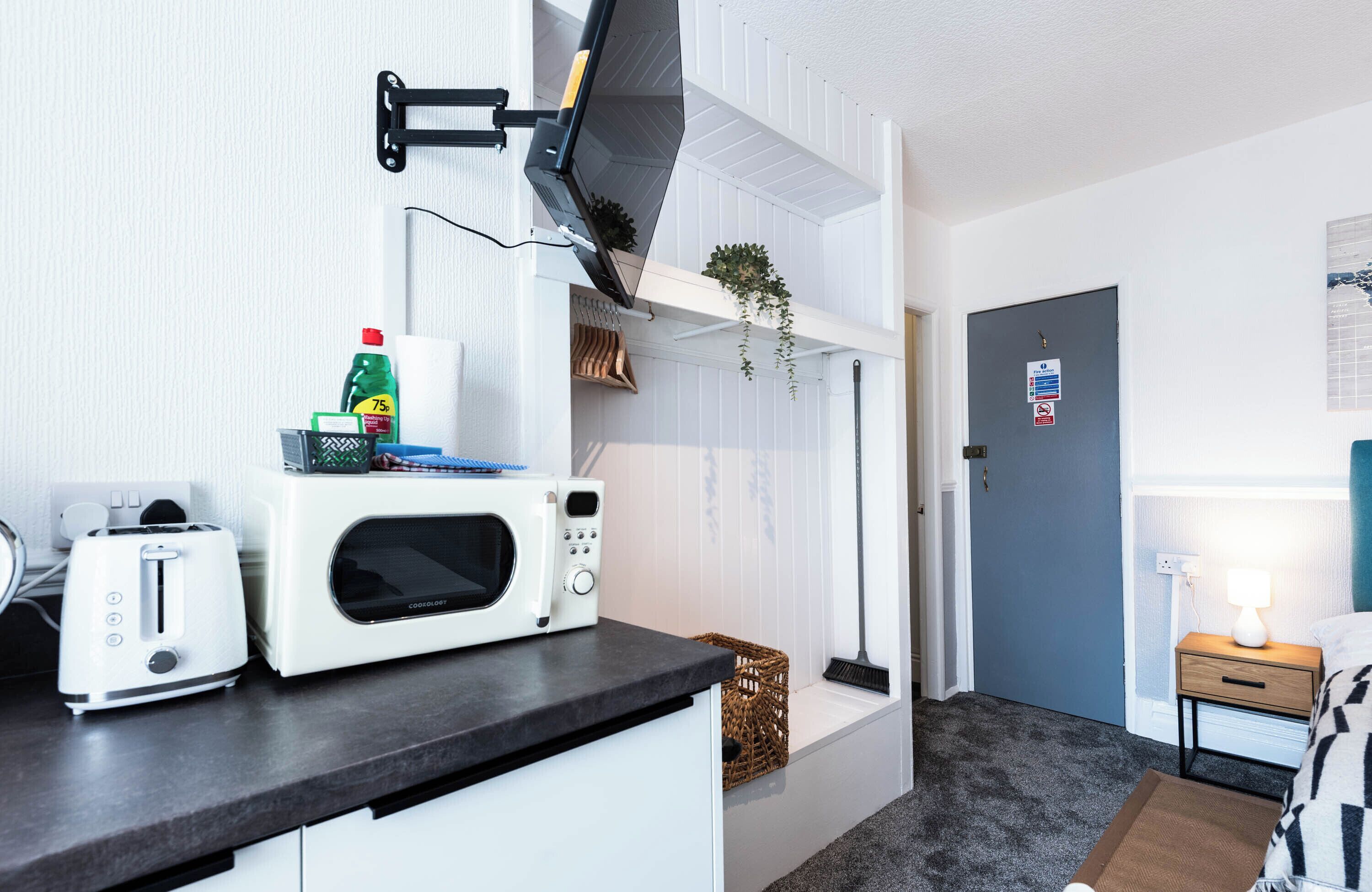 Eine kleine Küchenzeile mit Mikrowelle, Toaster und einer hängenden Pflanze.
