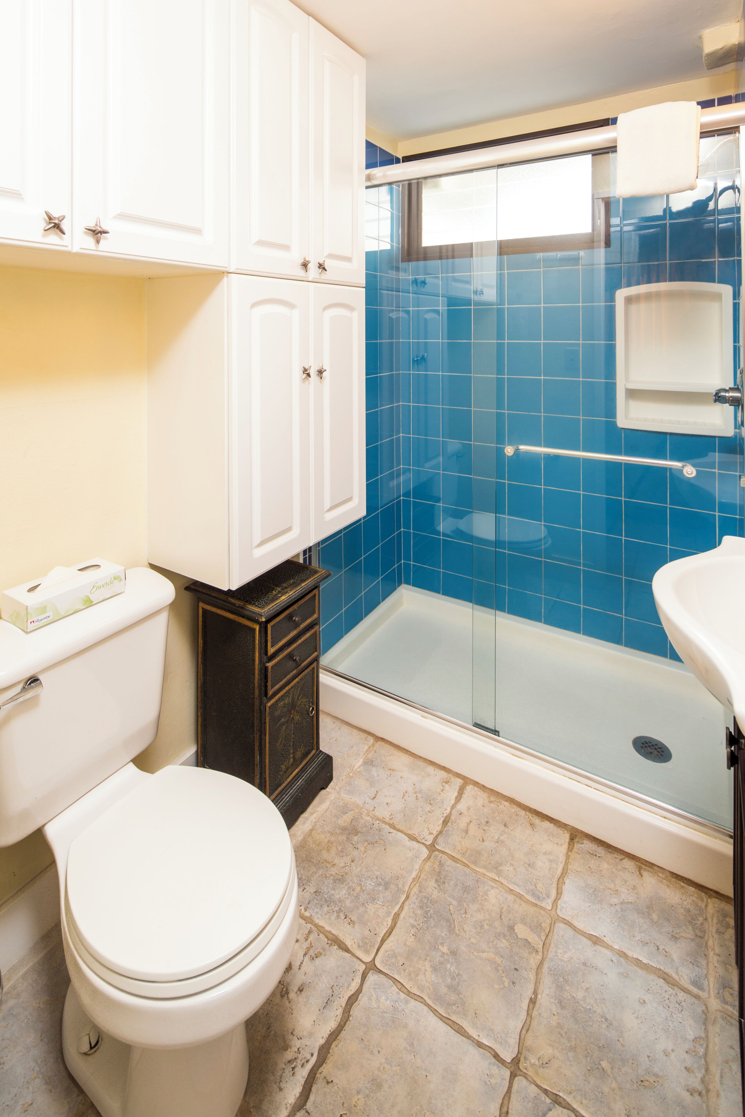 A bathroom with a toilet, a shower with a glass door, and a sink.