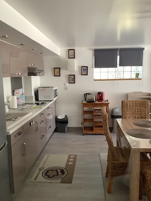 A modern kitchen with stainless steel appliances, a dining area with a wooden table and wicker chairs, and a small window with a view of greenery. - On the garden level of a contemporary house, a large 50 m2 studio is available for rent, (Gournay-sur-Marne)