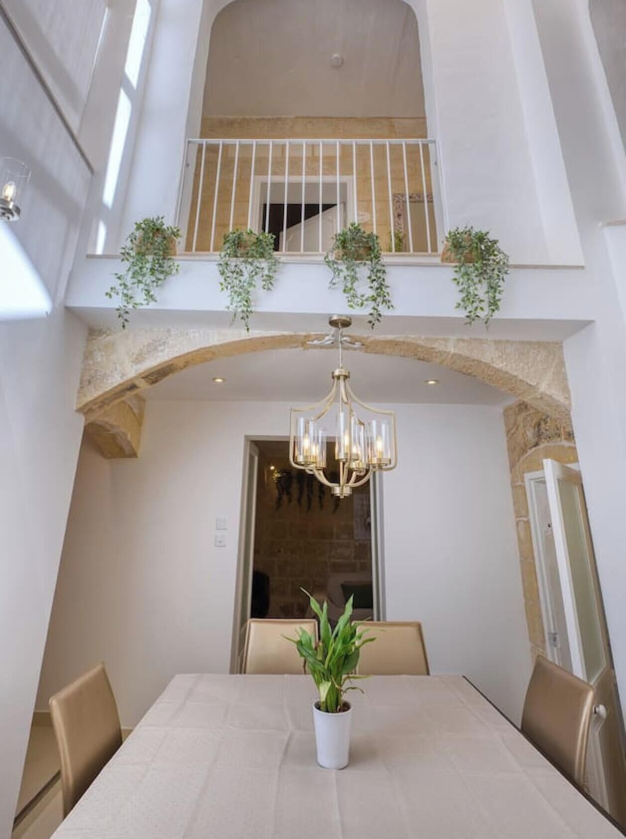 A dining area with a chandelier, a table, chairs, and a potted plant.