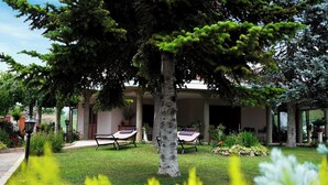 A garden with two sun loungers, a tree, and a building with columns. - Villa Cycas - Villa with a pool, 5 minutes from the beach in Roseto Degli Abruzzi (Abruzzo)