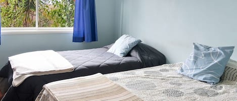 A room with two beds, one with a patterned bedspread and the other with a plain one. There is a window with blue curtains, and a view of greenery outside.