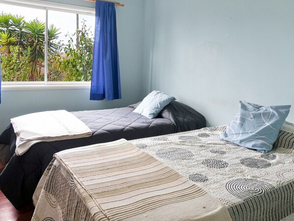 A room with two beds, one with a patterned bedspread and the other with a plain one. There is a window with blue curtains, and a view of greenery outside.