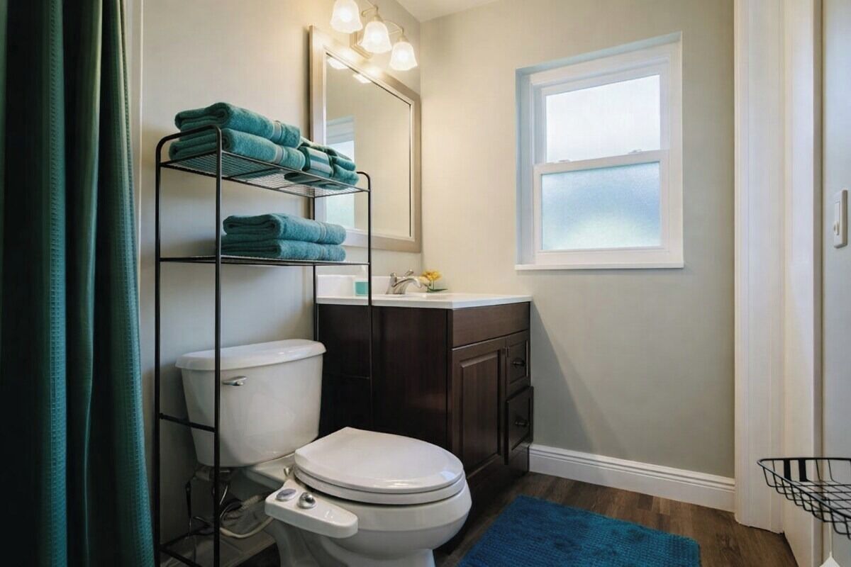 A bathroom with a toilet, a sink, a mirror, and a window.