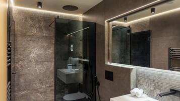 Shower, rainfall showerhead, hair dryer, bathrobes