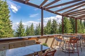 An outdoor patio with tables and chairs, overlooking a forested area.