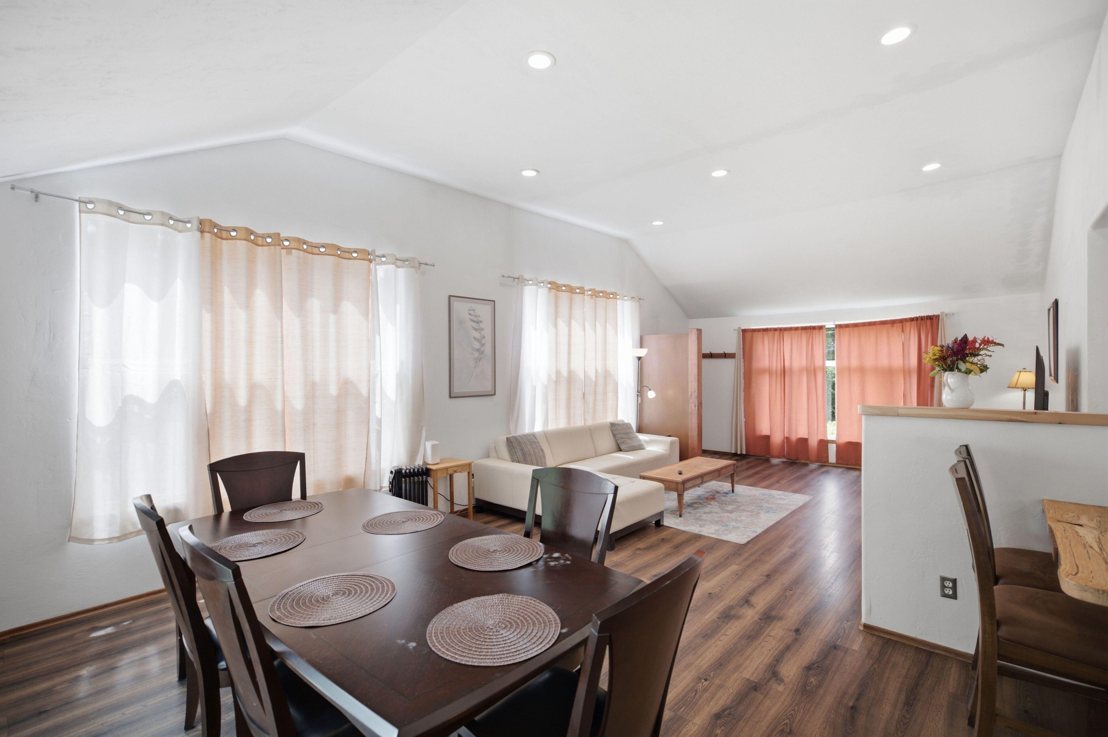 A spacious living area with a dining table, chairs, a sofa, and a kitchen area with a countertop.